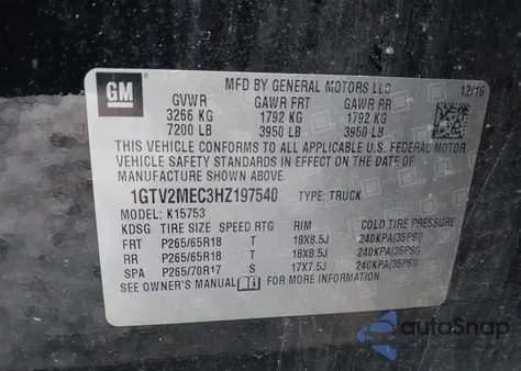 2017 GMC Sierra 1500 Sle from USA, damaged, VIN 1GTV2MEC3HZ197540